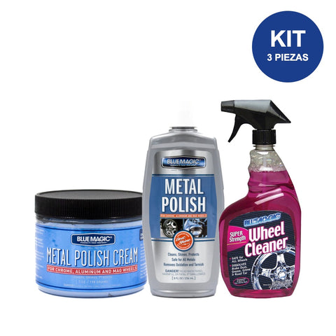 Kit Cromo y Rines Blue Magic, Crema Pulidora, Pulidor Líquido y Limpiador de Rines