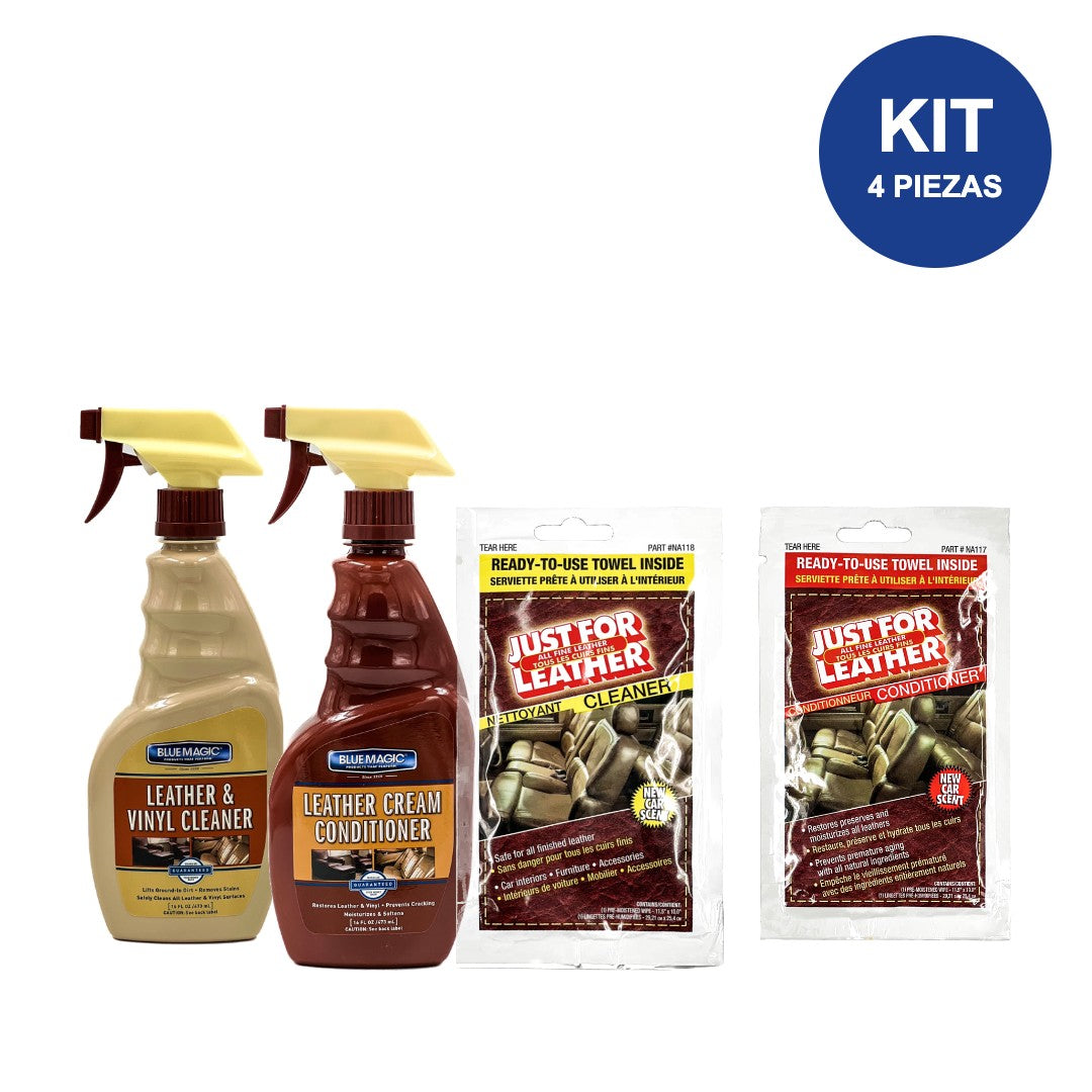 Kit Piel Blue Magic, Limpiador, Acondicionador y 2 Toallas para Piel y Vinil